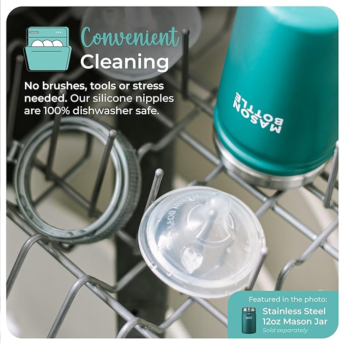 Mason Bottle Fast Flow Nipples (6+ Months) – Silicone Baby Bottle Nipples, Fits Any Regular-Mouth Mason Jars – Wide Natural Shape, BPA-Free, Non-Toxic, Made in USA (2-Pack)