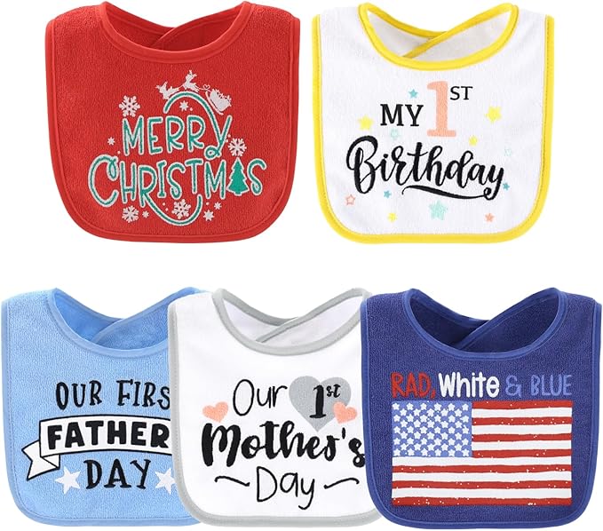 The Peanutshell Baby Boy or Girl Terry Bibs Set of 10-100% Cotton, Soft, Absorbent Baby Bibs, Unisex Toddler Boy or Girl Set, Newborn & Infant - Holiday