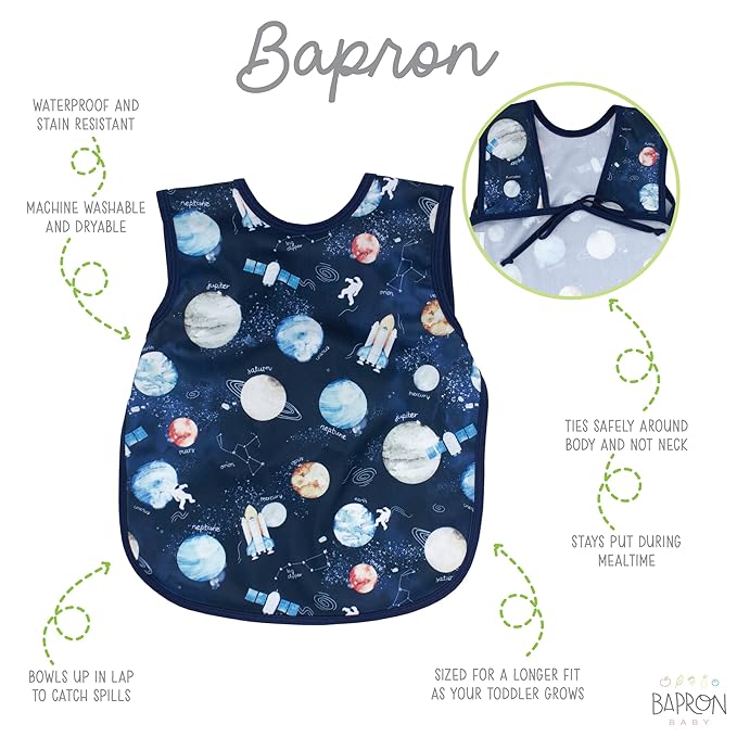 BapronBaby Outer Space Bapron - No Neck Tie Safer Bib for Baby & Toddler - Soft Waterproof Stain Resistant - Machine Washable - Sz Preschool 3-5yrs