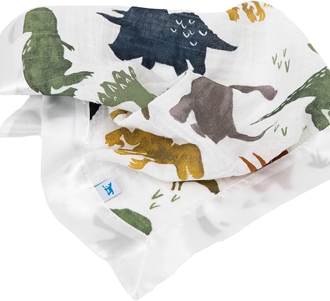 Little Unicorn Security Blankets 3 Pack | 100% Cotton Muslin with Satin Border| Super Soft and Breathable | Baby, Infant, Toddler | Lovey for Boys and Girls | Dino Friends