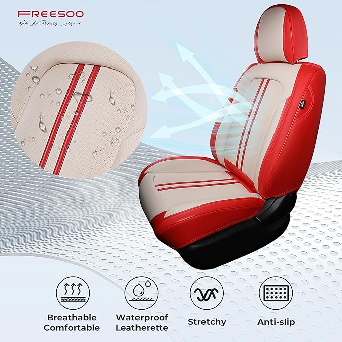 FREESOO Leather Car Seat Covers Full Set, Beige Red Seat Covers for Cars SUV Trucks, Waterproof Car Seat Cover Back Seat and Front, Luxury Auto Seat Covers Protector Cushion Fit for Most Vehicles