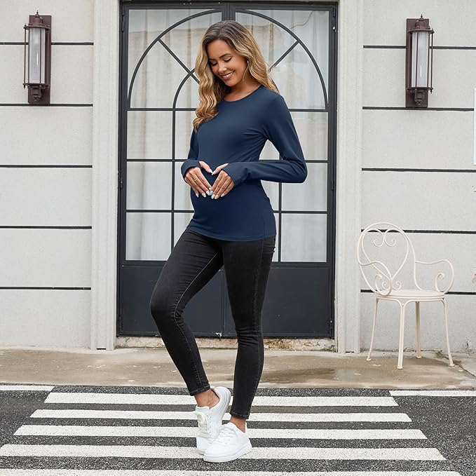 GINKANA Maternity Workout Tops Long Sleeve Pregnancy Yoga Shirts for Pregnant Women Thumb Holes Mama Clothes