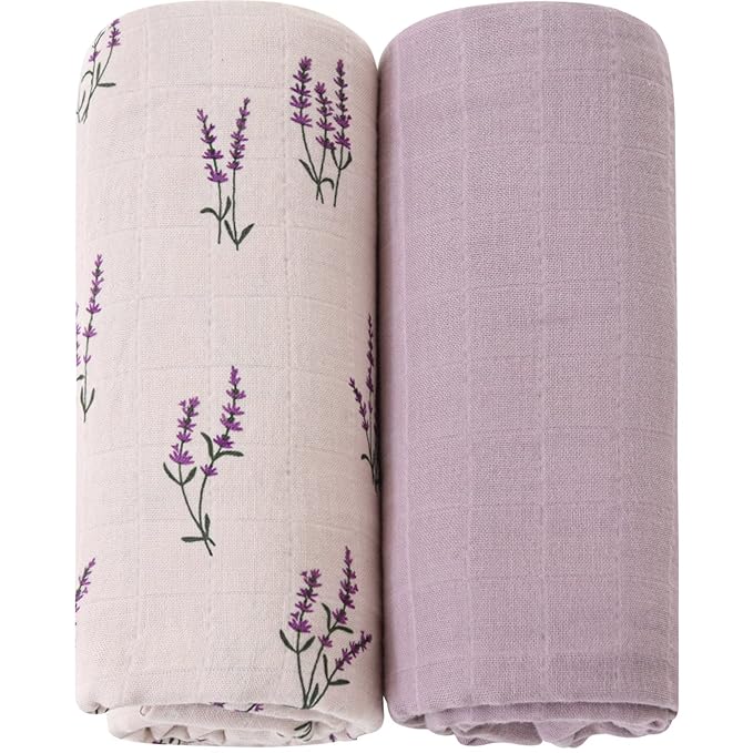 LifeTree Baby Swaddle Blankets Girls, Organic Muslin Swaddle Blankets Unisex Swaddling Wrap Receiving Blanket for Newborn, Organic Cotton, Large 47 x 47 inches, Lavender & Mauve