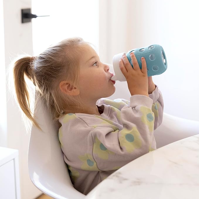 Lifefactory 8-Ounce Wide Neck Glass Baby Bottle with Protective Silicone Sleeve and Hard Sippy Spout, Denim (LG2221WDE4)