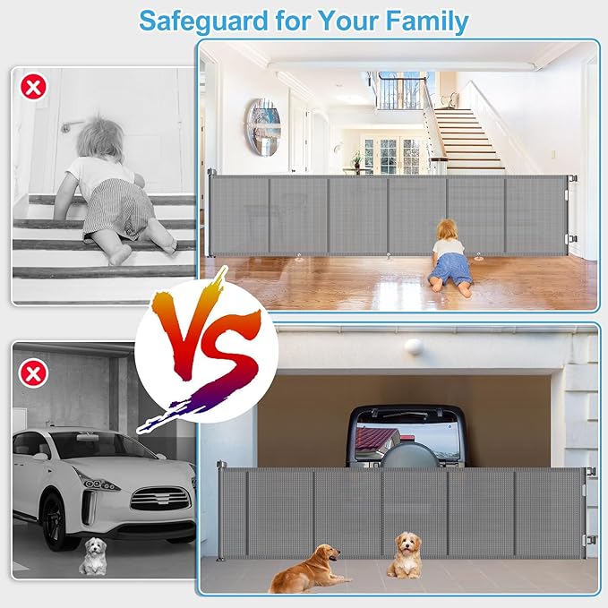 Upgrade 150 inch Retractable Baby Gates, EZIGO Extra Wide Baby Gate for Large Opening Extra Long Mesh Gate for Kids or Pet Dog Gate Child Safety Gate for Stairs Hallways Doorway Indoor Outdoor, Gray