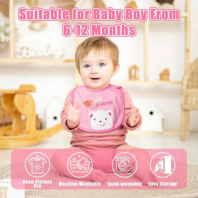 Cotton Waterproof Baby Bibs - 24Pcs Adjustable Hook Loop Closure Bib for Feeding Teething Drooling Eating, 6-12 Months