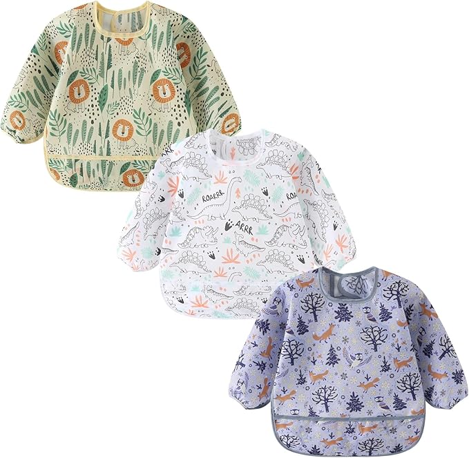 3 Pack Long Sleeve Bib,Baby Smock for Eating 6-30 Months Reusable Shirt Bibs for Babies Toddler