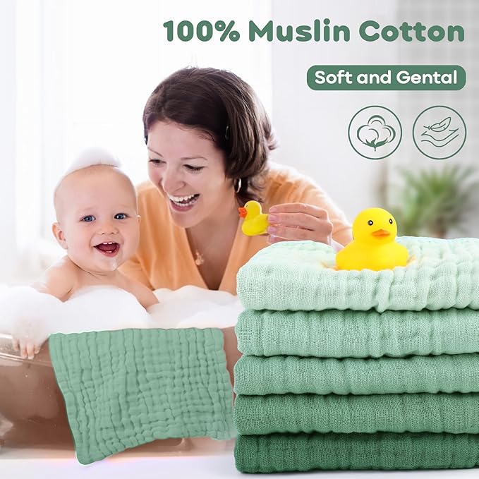 Yoofoss Muslin Baby Washcloths 100% Organic Cotton Face Towels 10 Pack Wash Cloths for Baby 12x12in Soft and Absorbent Baby Wipes (Gradient Green)