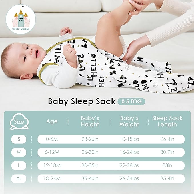 Cute Castle Baby Sleep Sack 6-12 Months - Lightweight 100% Cotton 2-Way Zipper TOG 0.5 Infant Wearable Blanket, Newborn Essentials Toddler Sleep Clothes, 3 Pack(Honey, Dinosaurs, Letters)