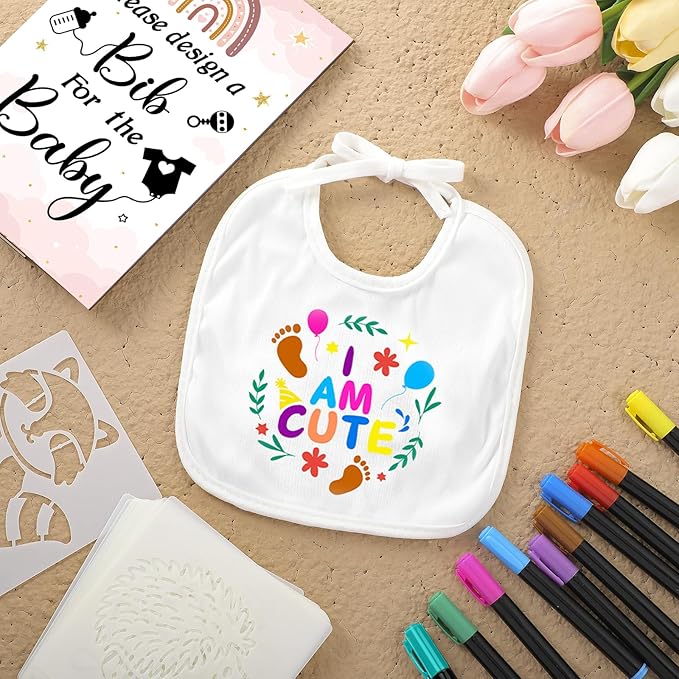 Newwiee 55 Pcs White Bibs for Baby Decorating Design a Bib Decorate Plain newborns Bibs Wooden Sign for Baby Shower Games Kit