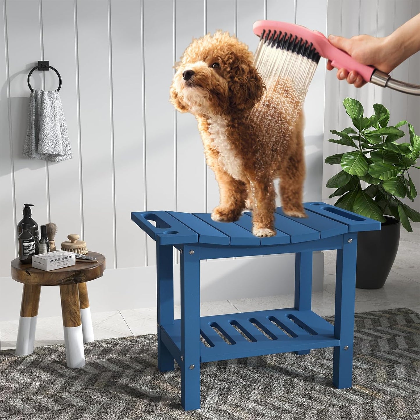 HDPE Shower Bench Stool for Inside Shower, Non-Slip Shower Stool for Shaving Legs with Storage Shelf, Waterproof Shower Chair Spa Bath Seat for Indoor & Outdoor Use (Navy)