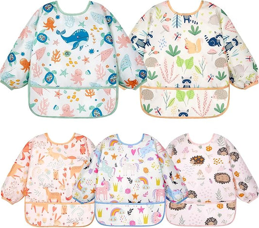 Lictin Long Sleeve Bibs 5 Pack - Baby Bibs, Waterproof Toddler Bibs, Baby Smock for Eating, Baby Bibs for Feeding Teething
