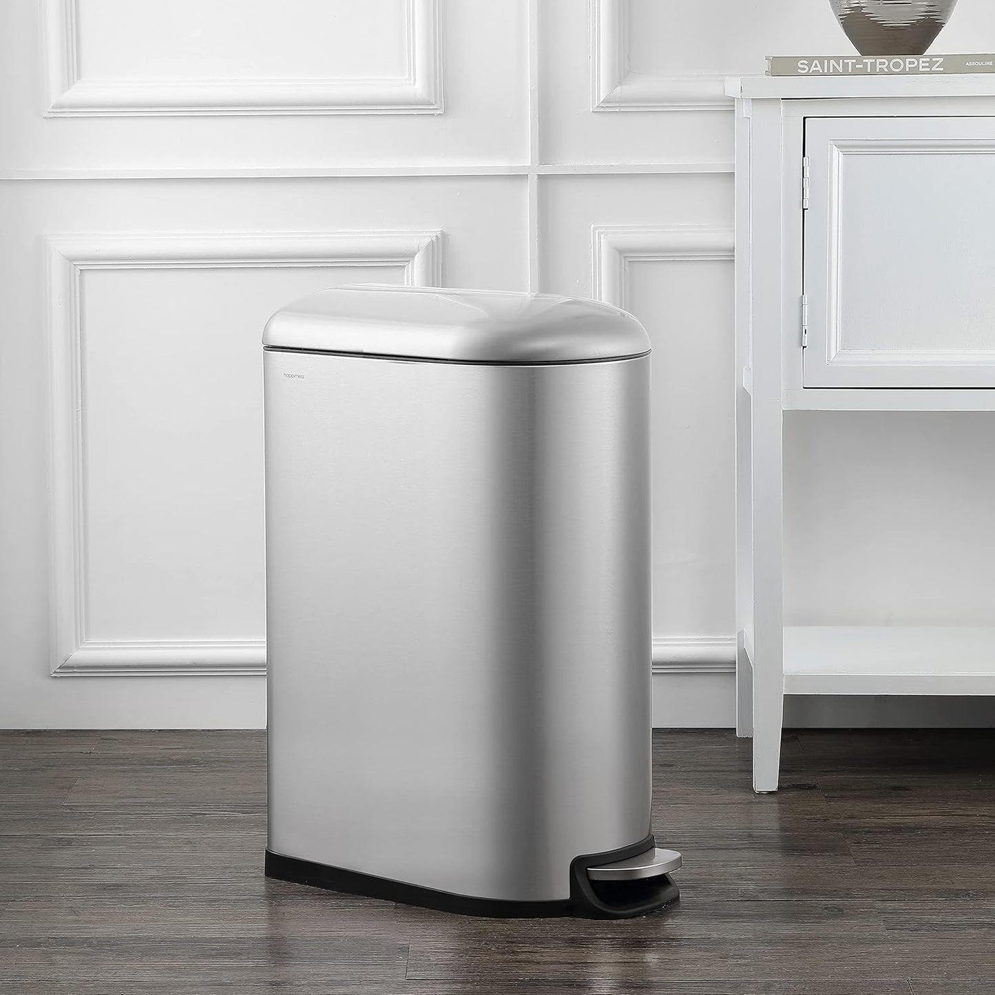happimess HPM1009A Roland Mini 2.6-Gallon Step-Open Trash Can with Soft-Close Lid, Modern, Minimalistic, Fingerprint Proof for Home, Kitchen, Laundry Room, Office, Bedroom, Bathroom, Chrome