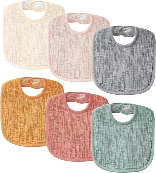 6-Pack Muslin Baby Bibs for Unisex Boys Girls, Cotton Baby Drool Bibs, Drooling and Teething Bibs for Infant