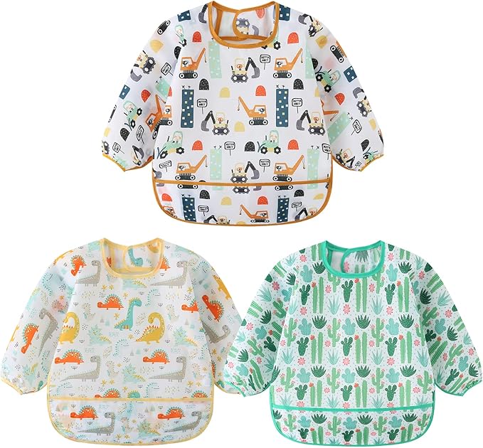 3 Pcs Waterproof Long Sleeves Baby Bibs Weaning Smock Bib 3-24 Months