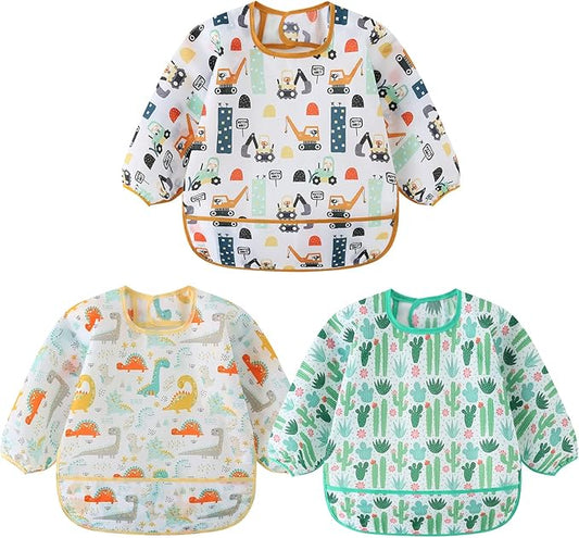 3 Pcs Waterproof Long Sleeves Baby Bibs Weaning Smock Bib 3-24 Months