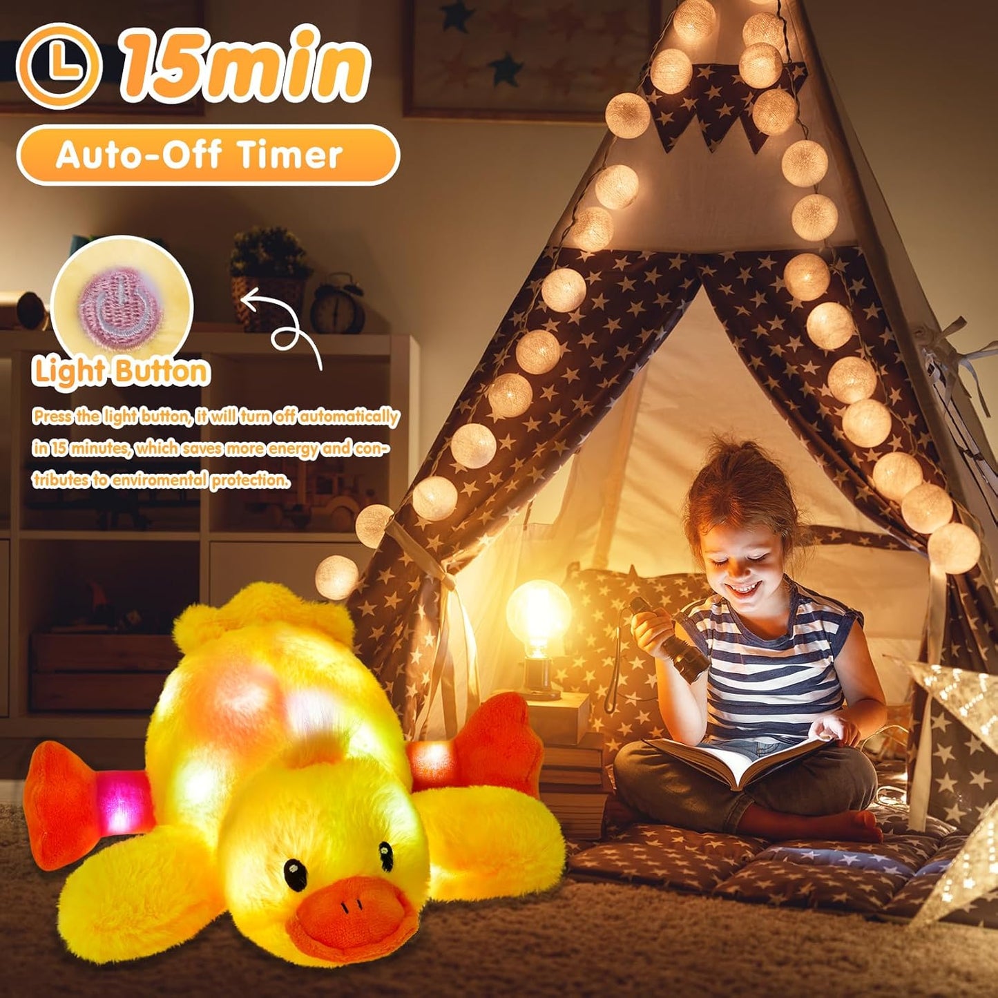 Glow Guards 12'' Light up Yellow Duck Stuffed Animal Soft LED Night Light Glowing Plush Toy Pillow Bed Sofa Birthday Children's Day for Toddler Kids