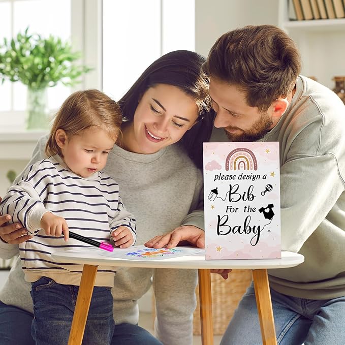 Newwiee 55 Pcs White Bibs for Baby Decorating Design a Bib Decorate Plain newborns Bibs Wooden Sign for Baby Shower Games Kit