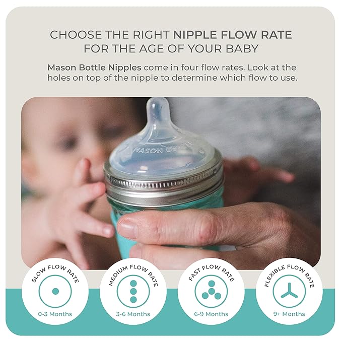 Mason Bottle Slow Flow Nipples (0–3 Months) – Silicone Baby Bottle Nipples, Fits Any Regular-Mouth Mason Jars – Wide Natural Shape, BPA-Free, Non-Toxic, Made in USA (2-Pack)