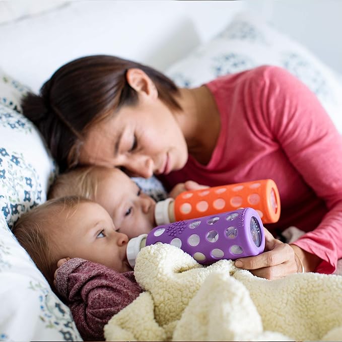 Lifefactory Baby Bottle Starter Set 12-Piece | 4 oz Mint & Blanket, 9 oz Kale & Blueberry | Includes Flat Caps, Sippy Caps, Stage 3 Nipples