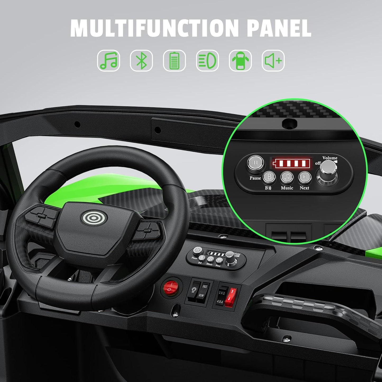 24V 2 Seater Ride on Car Truck, 4x200W, EVA Tires, Remote Control, 4WD/2WD, Rainbow Lights, Shock Absorbers, Bluetooth, Ride On UTV Toy for Kids Ages 3-8, Green