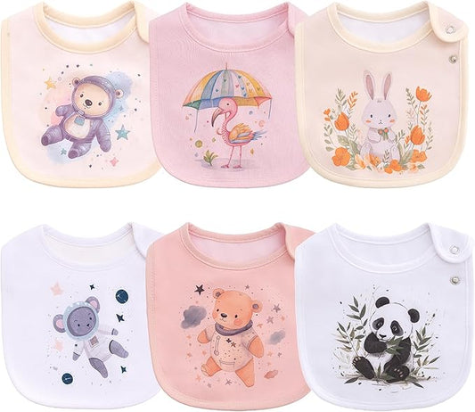 Maiwa 6 Pack Waterproof Cotton Baby Bibs for Girls Boys for Drooling Eating with Snaps