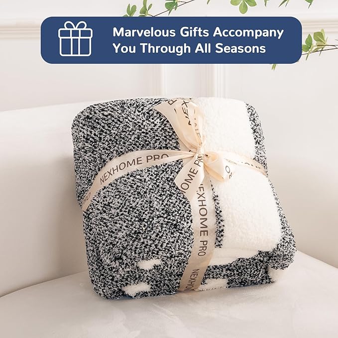 NEXHOME PRO Stripe Cozy Blanket Twin, Knit Fuzzy Throw Blanket for Couch Bed Sofa Picnic, Ultra Soft Blankets for Women Gifts Black 60 x 80 inches