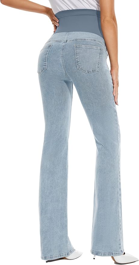 GLAMIX Women's Stretch Maternity Bootcut Jeans with Pockets Over The Belly Bell Bottoms Flare Denim Pants Pregnancy Clothes