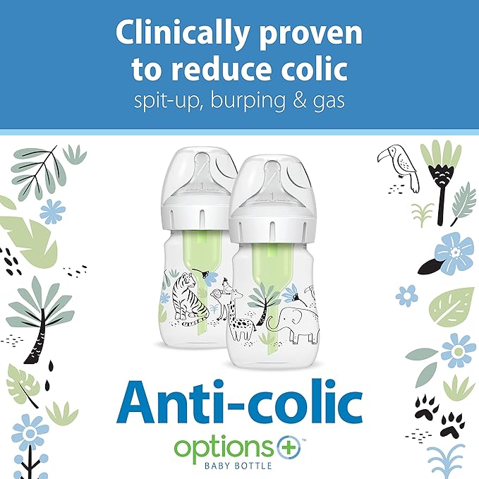 Dr. Brown’s Natural Flow® Anti-Colic Options+™ Wide-Neck Baby Bottle Designer Edition Bottles, Jungle Decos, 5 oz/150 mL, Level 1 Nipple, 2-Pack, 0m+