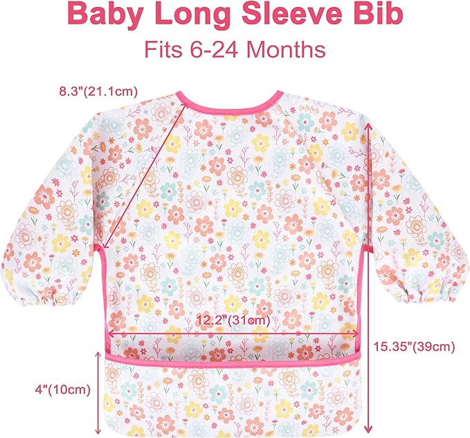 Long Sleeve Baby Bib For Eating Feeding Mess Proof Waterproof Food Smock Bibs With Pocket For Newborn Boy Girl