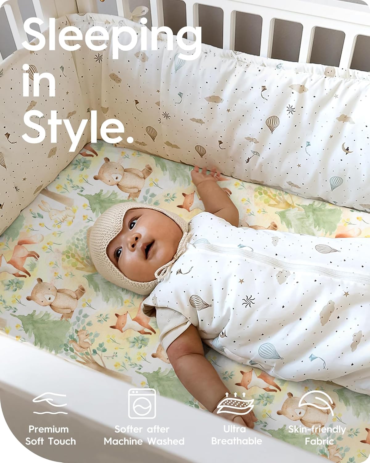 Mini Crib Sheets 24x38, Ultra Soft Pack N Play Sheets Fitted Boy Girl, Neutral Pack and Play Mattress Sheets, Premium Jersey Knit Portable Crib Sheets Hypoallergenic, Forest Bear & Deer