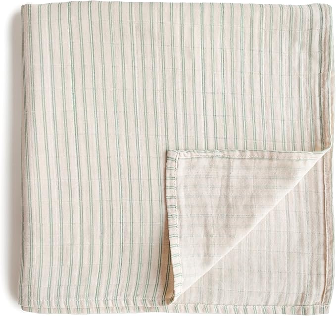 mushie Muslin Baby Swaddle Blanket | 100% Organic Cotton (Sage Stripe)
