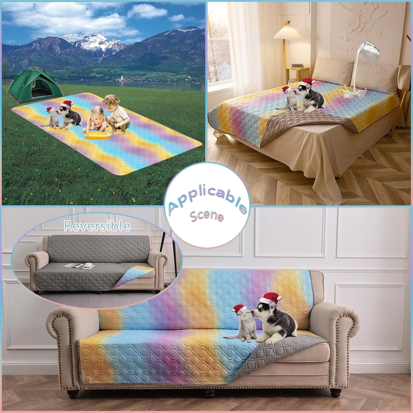 100% Waterproof Dog Bed Cover 86x82 inch Reversible Changing Pad Reusable Camping Mat for Kids/Pet/Dog/Cat Washable Geometric Embroidery Blanket Patchwork Rainbow Ombre Printed+Gray