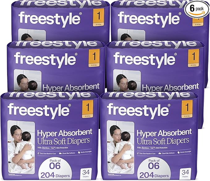 Freestyle BambooTek Diapers - (Size 1) Hyper Absorbent & Non-Toxic – Disposable Diapers for Sensitive Skin – Ultra Soft Diapers (8-14 lbs) – 204 Count