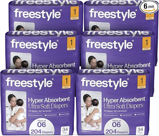 Freestyle BambooTek Diapers - (Size 1) Hyper Absorbent & Non-Toxic – Disposable Diapers for Sensitive Skin – Ultra Soft Diapers (8-14 lbs) – 204 Count