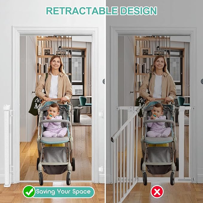 55 inch Retractable Baby Gates, EZIGO Extra Wide Baby Gate for Large Opening Extra Long Mesh Gate for Kids or Pet Dog Gate Child Safety Gate for Stairs Hallways Doorway Indoor Outdoor, White