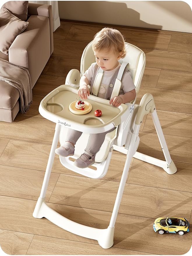 High Chair, Foldable High Chairs for Babies and Toddlers with Removable Tray, Height Adjustable Feeding Chair, Adjustable Backrest and Footrest, Beige
