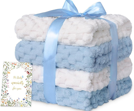 HOMRITAR 4 Pcs Baby Blanket for Unisex 3D Flannel Fleece Fluffy Blankets for Baby Soft Plush Breathable Bed Blanket for All Season Toddler Infant or Newborn 30 x 40 Inch (2 Pcs Blue, 2 Pcs Cream)
