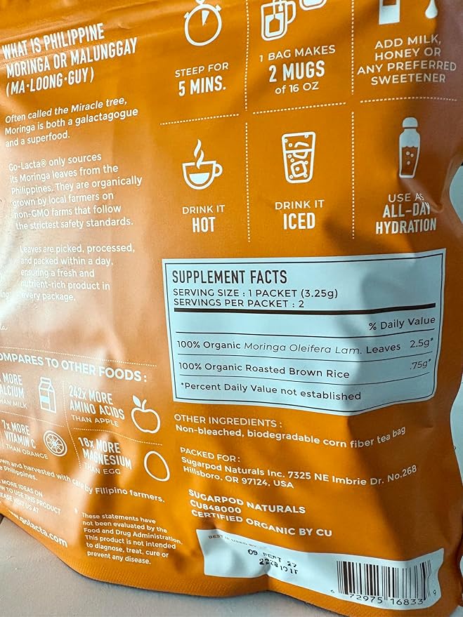 Go-Lacta Organic Moringa Tea – Increase Breast Milk Supply – Natural Lactation Tea for Breastfeeding Moms – Caffeine-Free Herbal Galactagogue – Prenatal Safe – 32 Servings