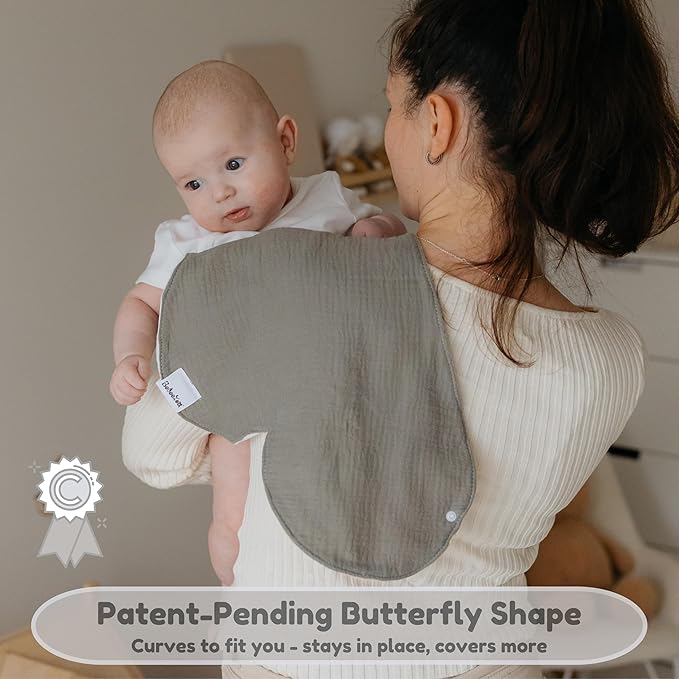 Butterfly Cotton Muslin Burp Cloths 3-Layer, Extra-Large 26”x12” Water-Resistant Multi-Use Burp Cloth Convertible to Bib, 2 Pack, Soft & Absorbent (Pack of 2, Herb & Cotton/Blue & Stone)