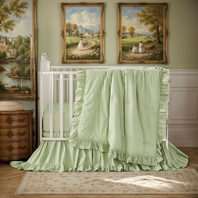 Brandream Farmhouse Crib Bedding Sets for Girls and Boys | 3 Piece Nursery Set Light Green Ruffles | Baby Comforter, Fitted Crib Sheet, Crib Skirt Included,100% Cotton Percale