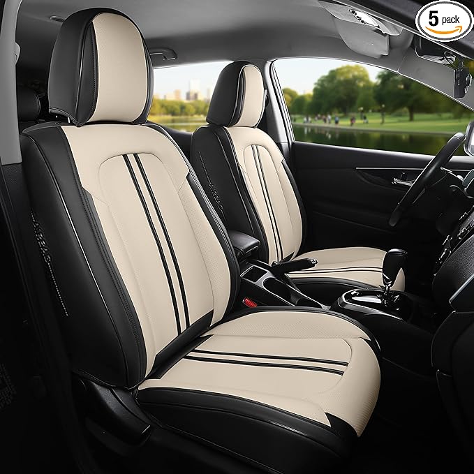 FREESOO Car Seat Covers Full Set, Leather Seat Covers for SUV, Beige Black Car Seat Covers Front Seats and Back, Waterproof Car Seat Cover, Carseat Seat Protectors, Auto Cushion Fit for Most Cars