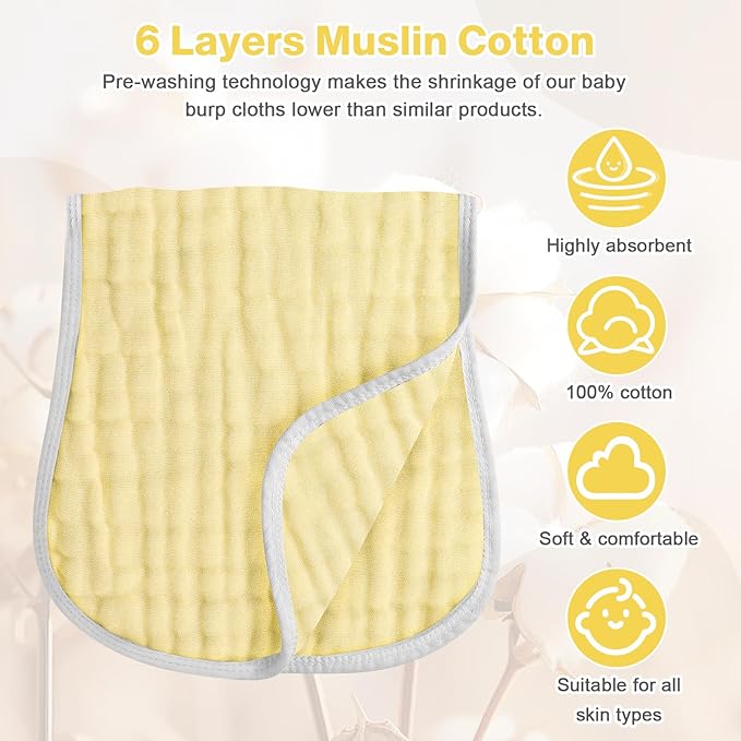 MUKIN Baby Muslin Burp Cloth Set of 6, Ultra Soft Absorbent Thick Cotton Burping Cloths for Unisex Newborn Babies, 20'' by 10'' Neutral Milk Spit Up Rags Boys Girls - Baby Must Haves(Gradient Yellow)