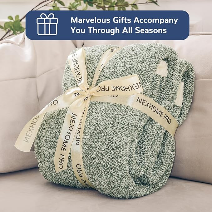 NEXHOME PRO Twin Size Super Soft Throw Blankets for Couch, Cozy Blankets Reversible Warm Knit Blanket for Women, Fuzzy Plush Lightweight Throws for Sofa, Bed, Picnic, Sage Green White, 60 x 80 inches