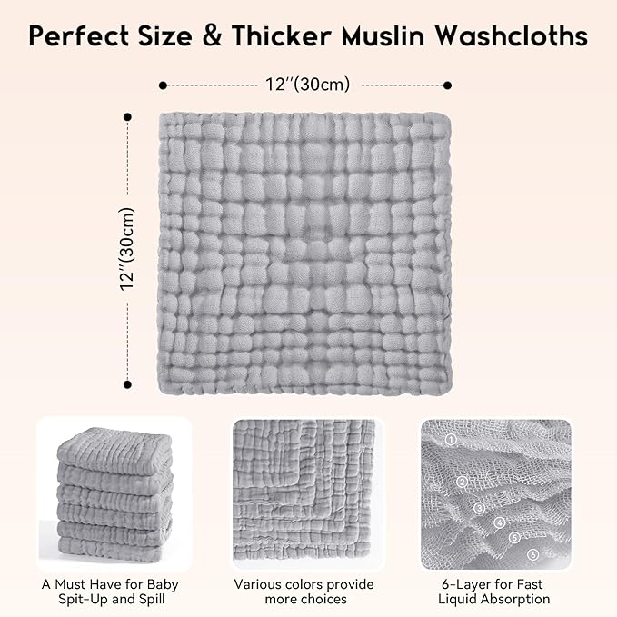 Muslin Baby Washcloths 6 Pack, 100% Cotton Wash Cloths for Babies, Large 12''X12'' Burp Cloths Absorbent and Soft for Newborn Infants Kids Boys Girls - Light Gray