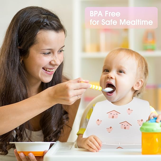 2 Pack Silicone Baby Bibs Adjustable Fit Waterproof Bib With Leak Proof Food Pouch Catcher for Eating Boys Girls