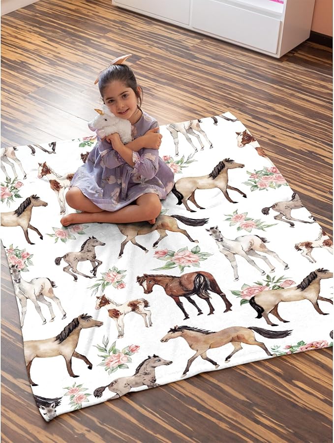 Horse Rose Blanket for Baby Girls Flowers Throw Blanket for Boys, Lightweight Cute Horses Soft Flannel Blankets for Kids Gifts, 30x40 Inches