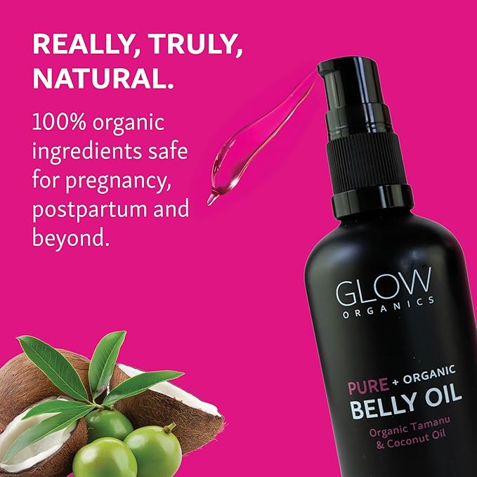 Glow Organics Belly Oil for Pregnancy, Prevents Stretch Marks & Scars, Organic Maternity Skincare, Fast-Absorbing, Pregnancy Safe Daily Ritual, 95ml
