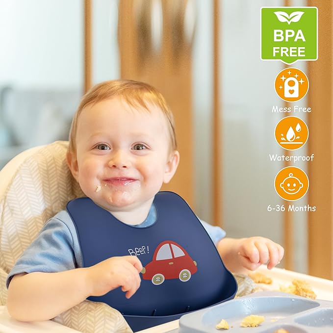 2 Pack Silicone Baby Bibs Adjustable Fit Waterproof Bib With Leak Proof Food Pouch Catcher for Eating Boys Girls