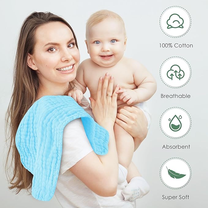 Muslin Burp Cloths 100% Cotton Large 20''x10'' Extra Soft and Absorbent Baby Wash Cloths Spit Up Rags - Baby Burping Cloth for Boys Girls Items(12 Pack Aquamarine)